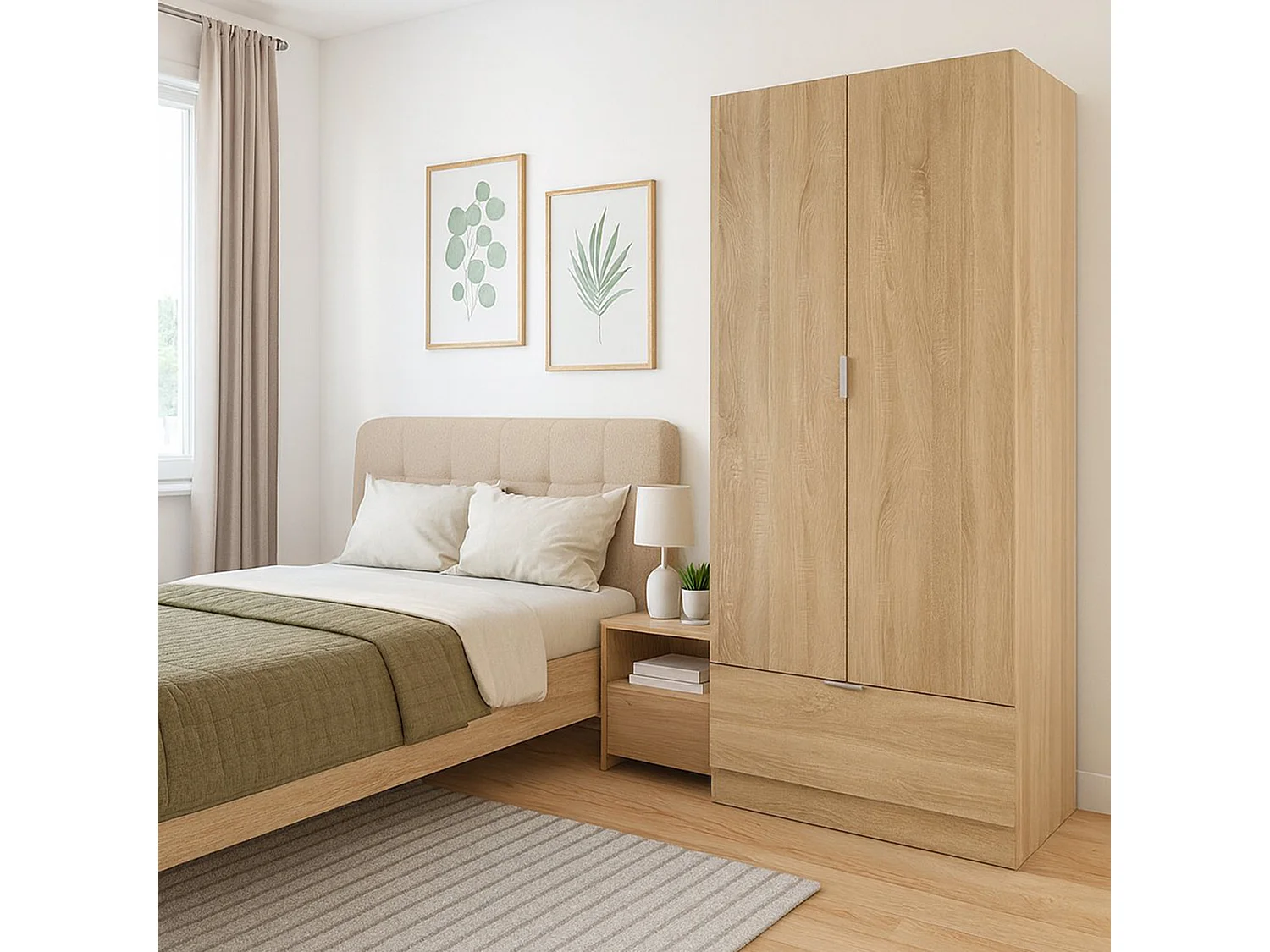 Kast 2 Deuren Budoia, een Plank, 80x170h cm Bruin Eiken, Slaapkamerkast, een Lade, Kledingroede