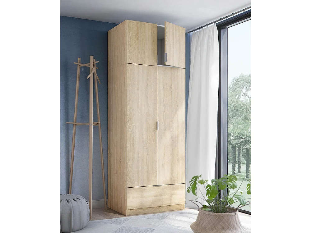 Kast 2 Deuren Budoia, een Plank, 80x170h cm Bruin Eiken, Slaapkamerkast, een Lade, Kledingroede