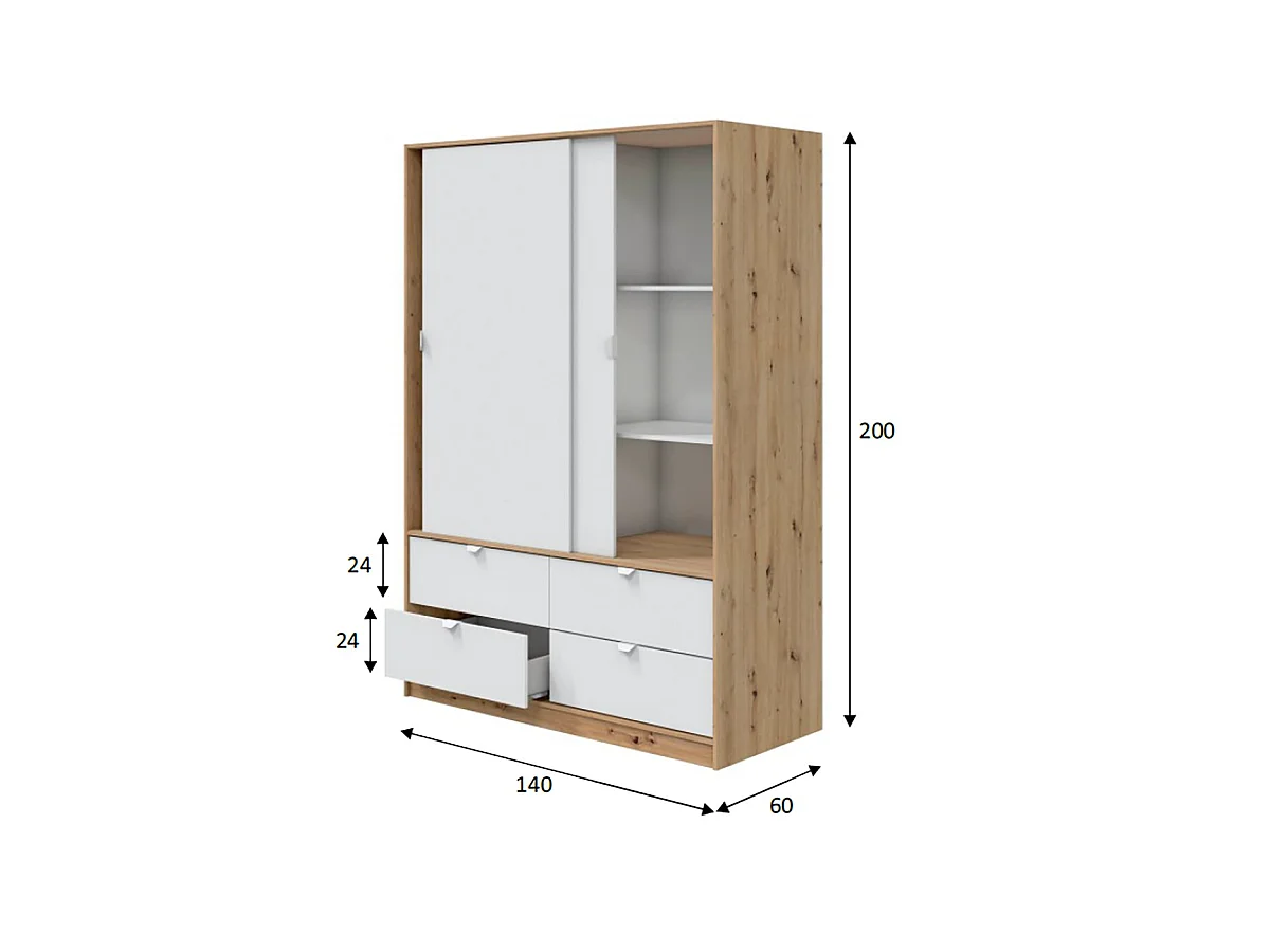 Kast 2 Deuren Ponna, Kledingkast, 140x200h cm Bruin Eiken Knoest, Slaapkamer Kast, 4 Lades, 2 Planken