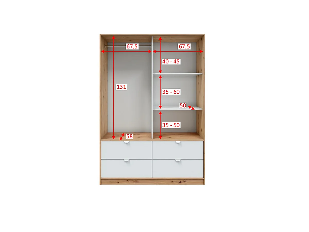 Kast 2 Deuren Ponna, Kledingkast, 140x200h cm Bruin Eiken Knoest, Slaapkamer Kast, 4 Lades, 2 Planken