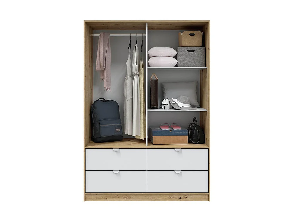 Kast 2 Deuren Ponna, Kledingkast, 140x200h cm Bruin Eiken Knoest, Slaapkamer Kast, 4 Lades, 2 Planken