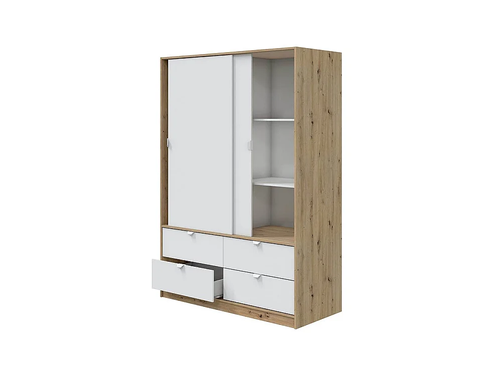 Kast 2 Deuren Ponna, Kledingkast, 140x200h cm Bruin Eiken Knoest, Slaapkamer Kast, 4 Lades, 2 Planken