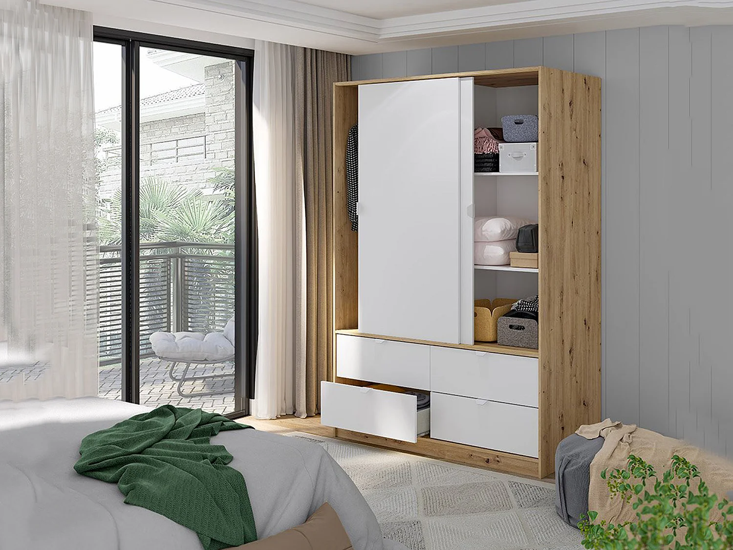 Kast 2 Deuren Ponna, Kledingkast, 140x200h cm Bruin Eiken Knoest, Slaapkamer Kast, 4 Lades, 2 Planken