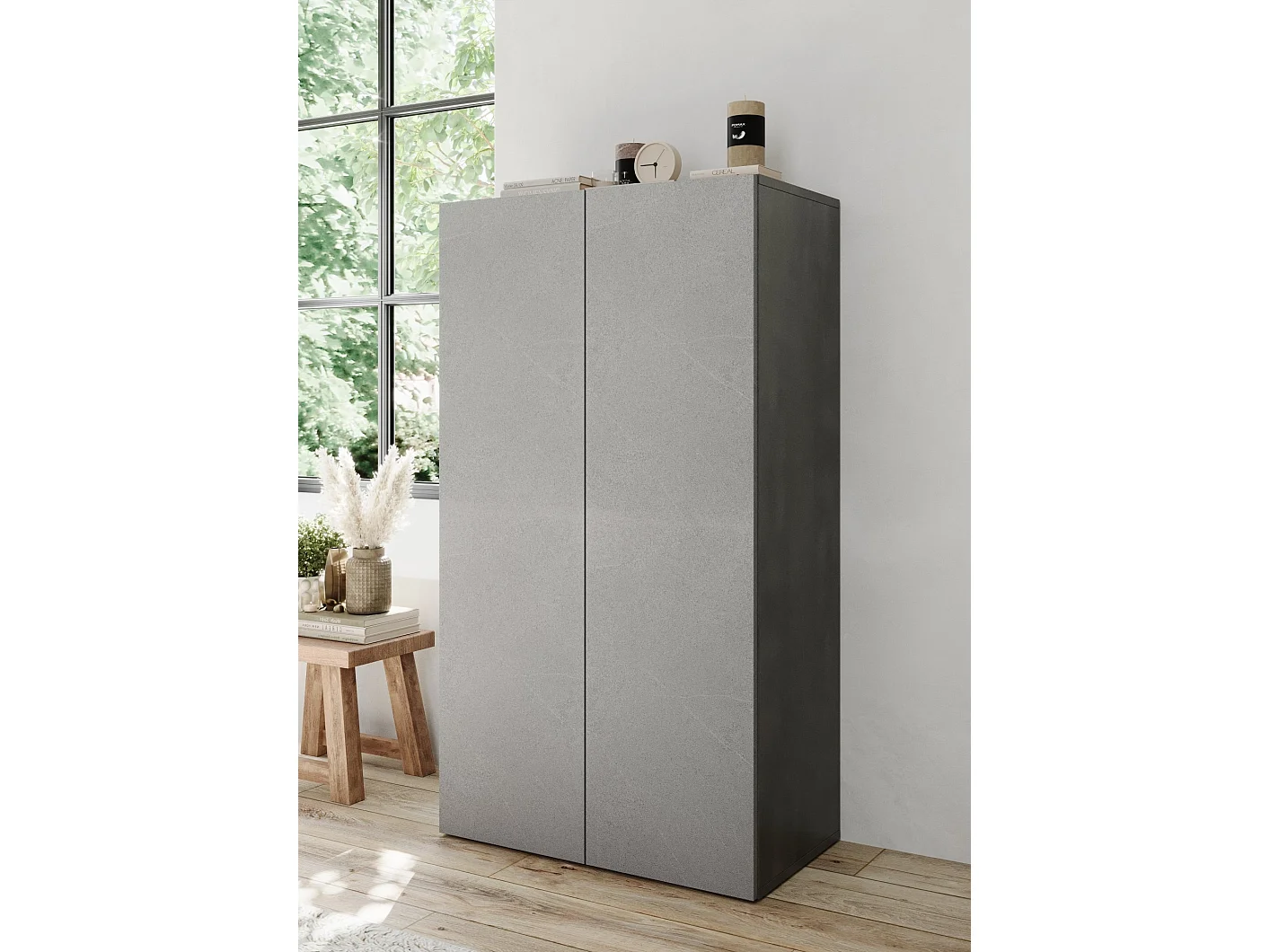 Armadio Multiuso 2 Ante Floro, 5 Ripiani Made in Italy, 63x114h cm Grigio Cemento, Apertura Manuale, 2 Ante