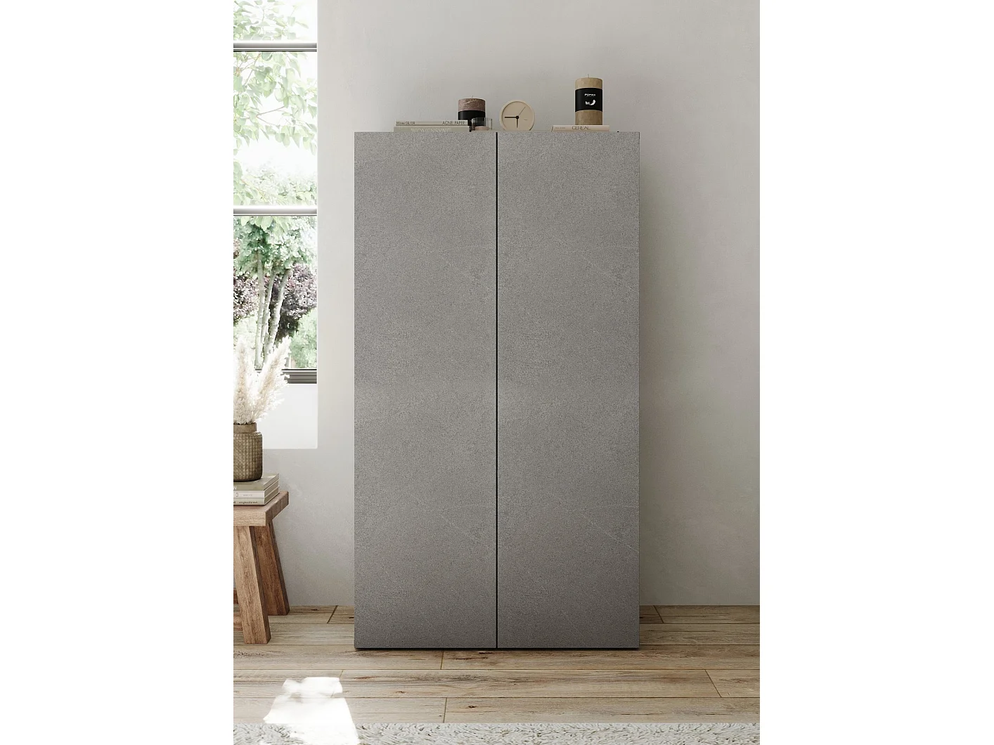 Armadio Multiuso 2 Ante Floro, 5 Ripiani Made in Italy, 63x114h cm Grigio Cemento, Apertura Manuale, 2 Ante