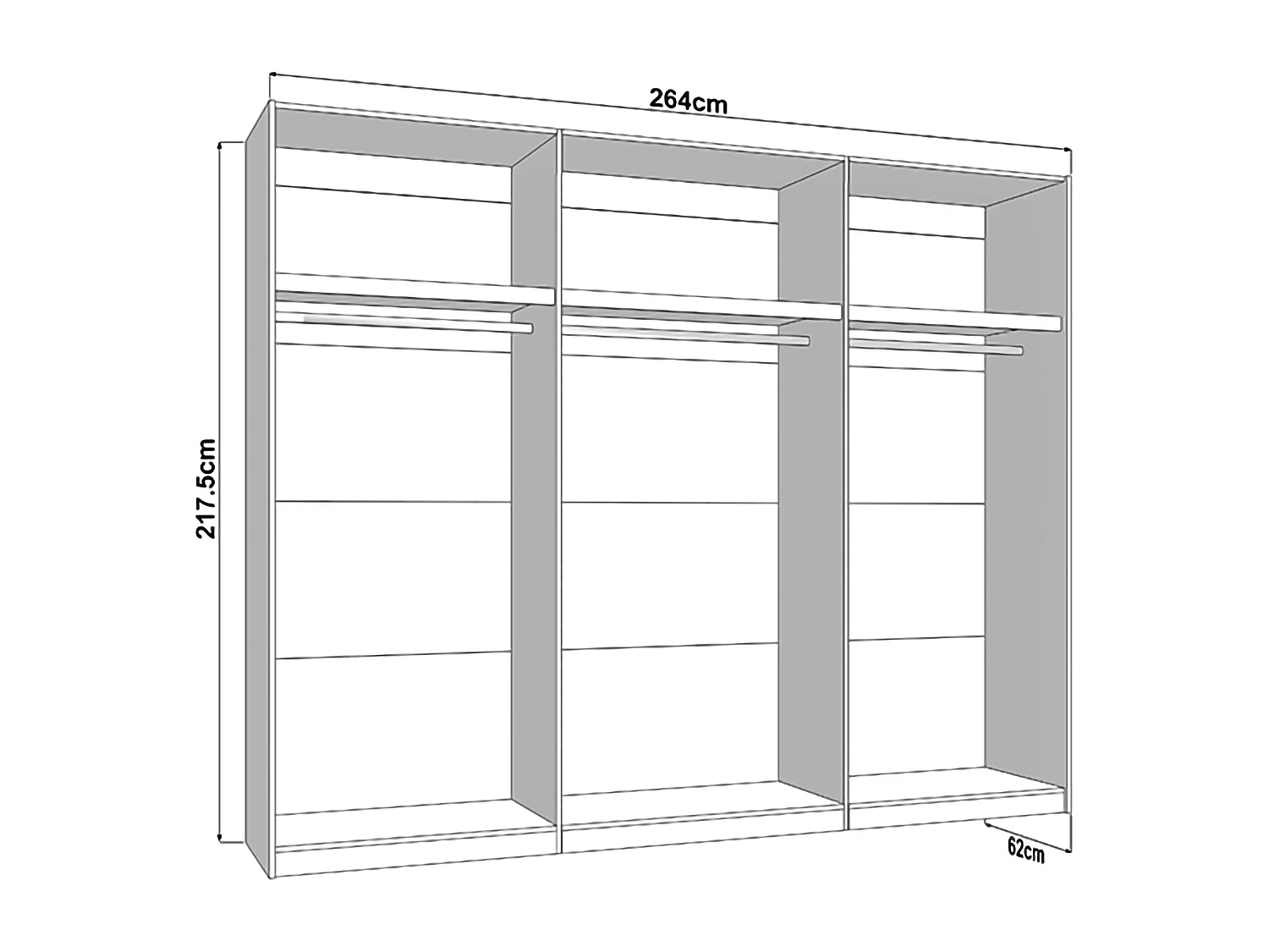 Schrank 3 Türen Sapa, 3 Regale, 267x62 cm Cremeweiß, Schlafzimmer Schrank, Kleiderstange, Schiebetüren