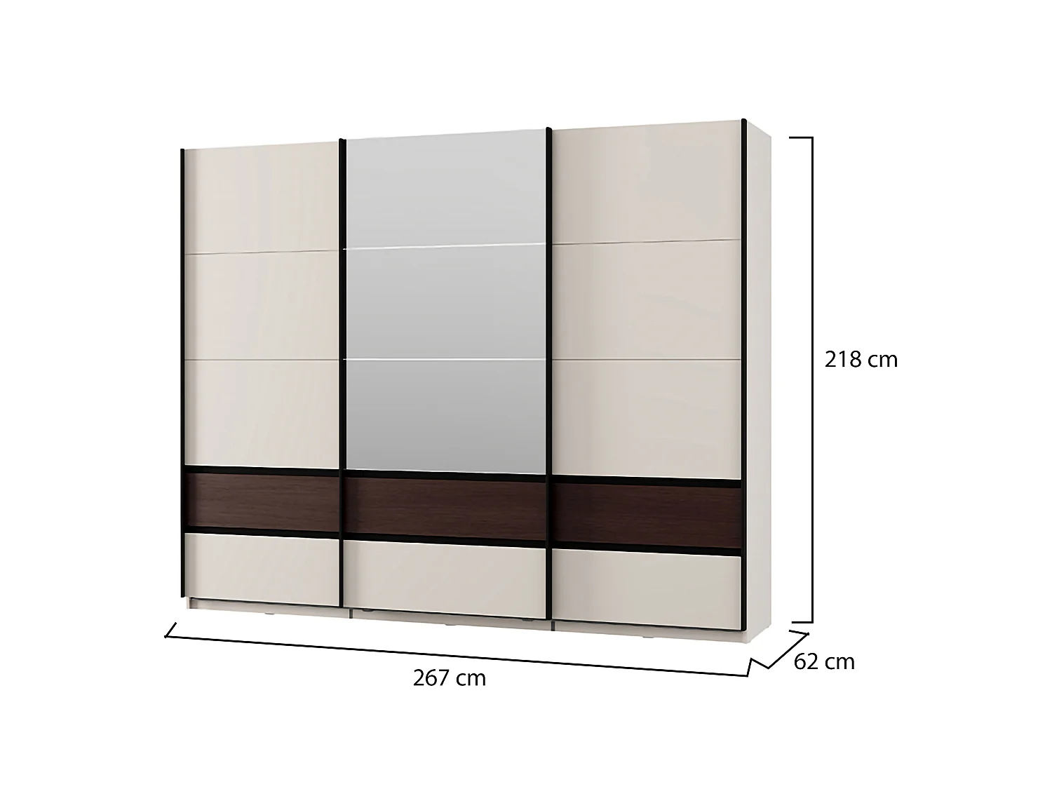 Schrank 3 Türen Sapa, 3 Regale, 267x62 cm Cremeweiß, Schlafzimmer Schrank, Kleiderstange, Schiebetüren