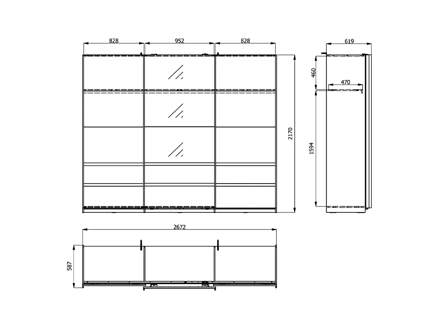 Schrank 3 Türen Sapa, 3 Regale, 267x62 cm Cremeweiß, Schlafzimmer Schrank, Kleiderstange, Schiebetüren