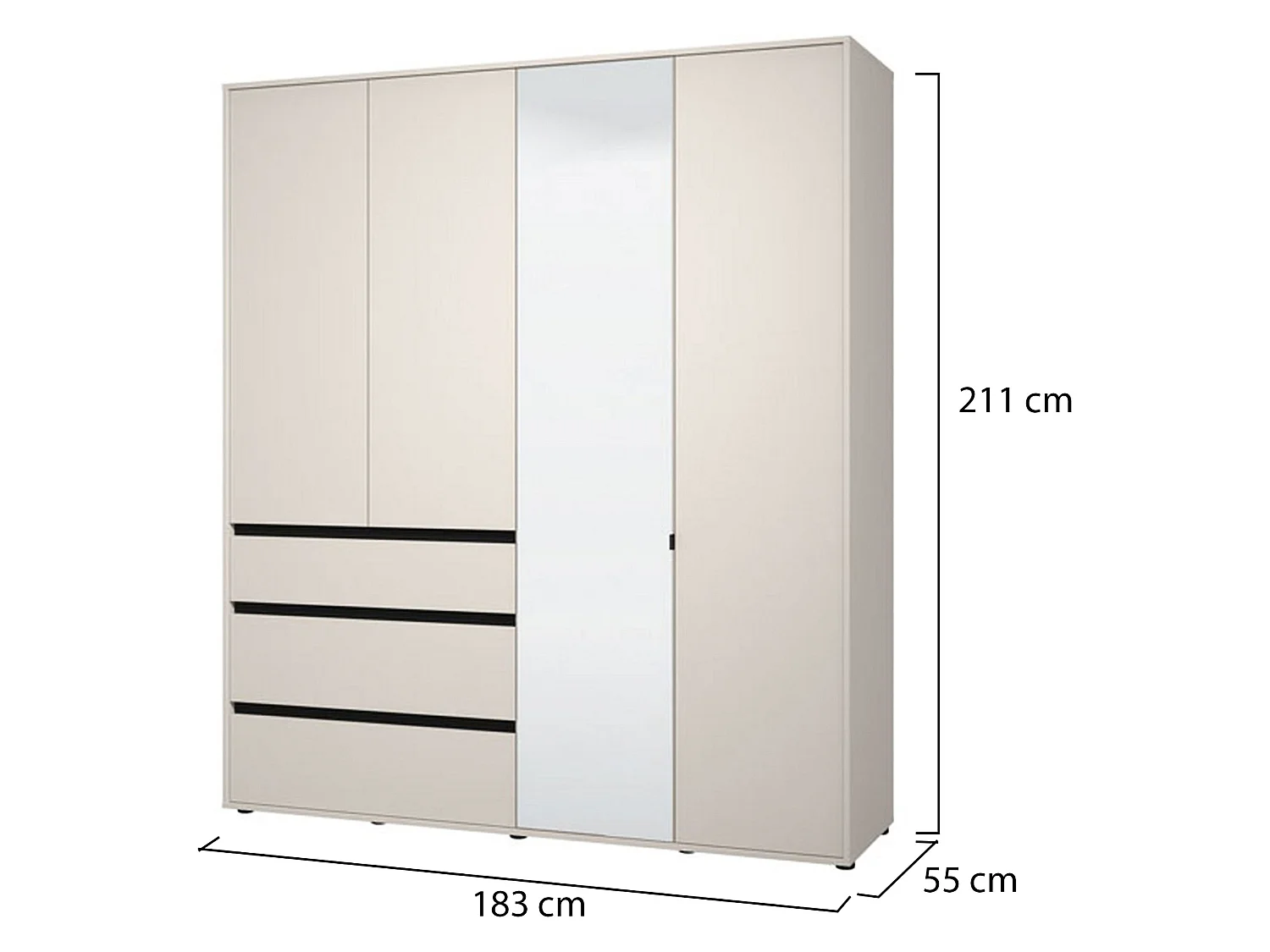 Großer Kleiderschrank Rifreddoo, 4 Regalböden, 183x211H cm, Cremeweiß, Schlafzimmerschrank, 3 Schubladen, Kleiderstange