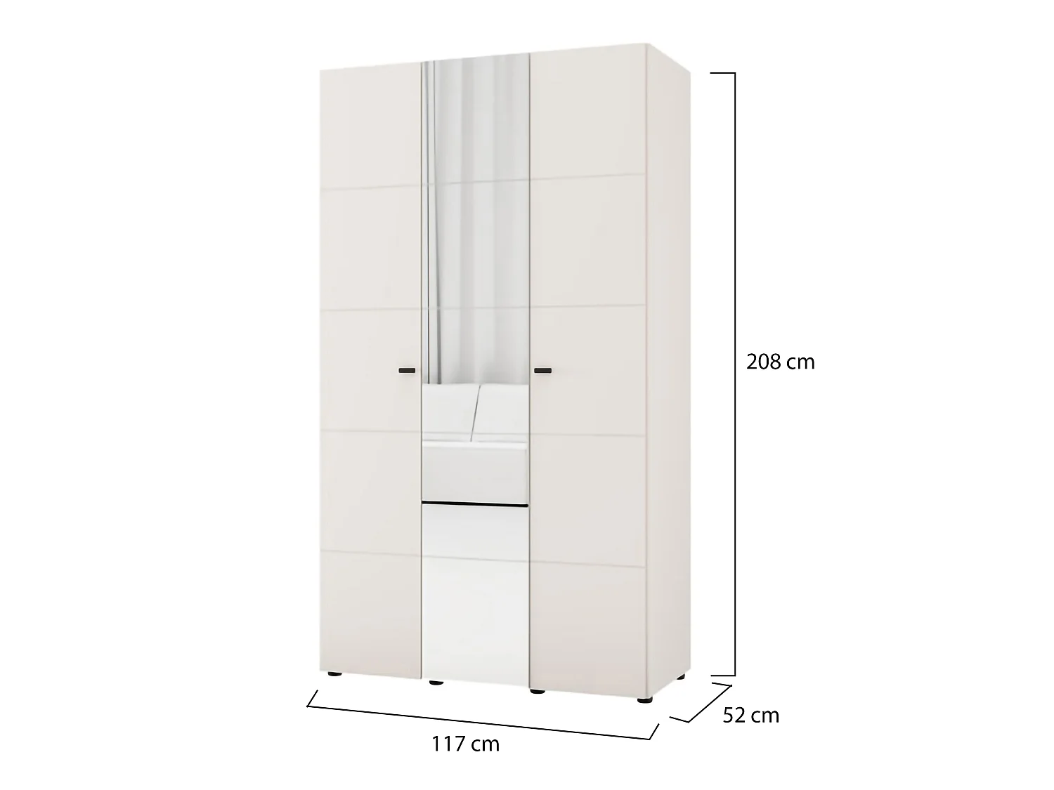 Garderobe 3 Türen Ouarza, Kleiderstange, 117x52 cm Weiß Creme, Schlafzimmer Schrank, 4 Regale, 3 Türen