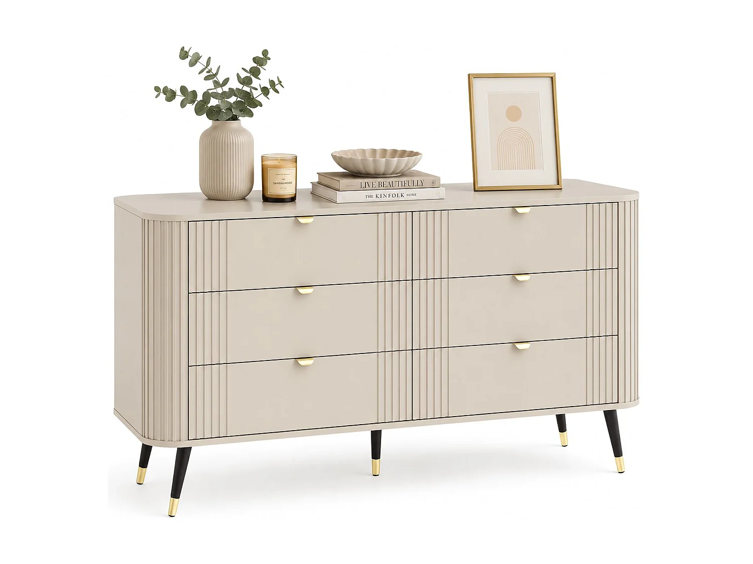 Commode Lanola, 6 tiroirs, 138x40x80h cm Beige Cachemire, ouverture coulissante, fermeture coulissante