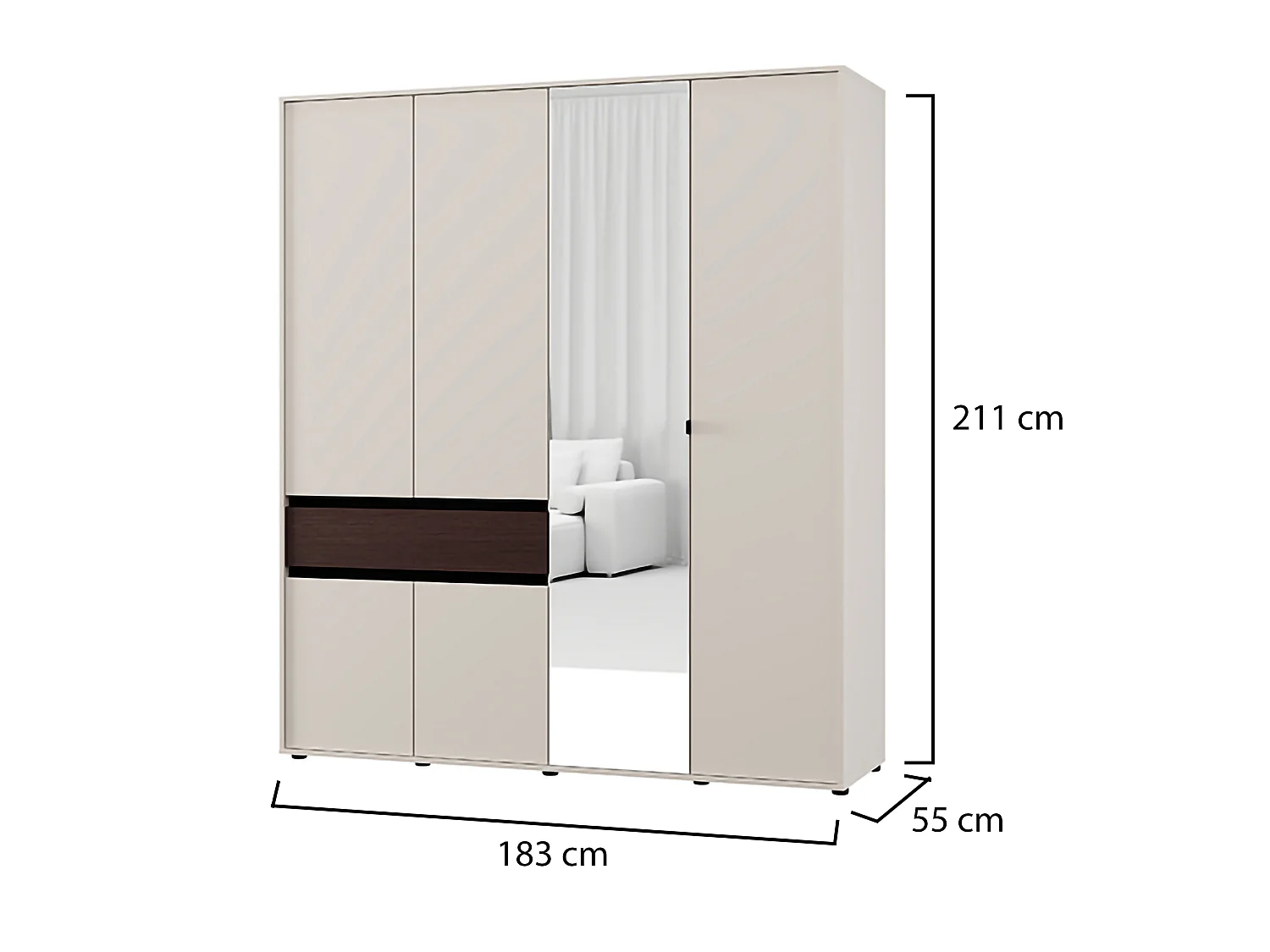 Großer Kleiderschrank Pai, eine Schublade, 183x211h cm Cremeweiß, Schlafzimmer, 5 Regale, Kleiderstange