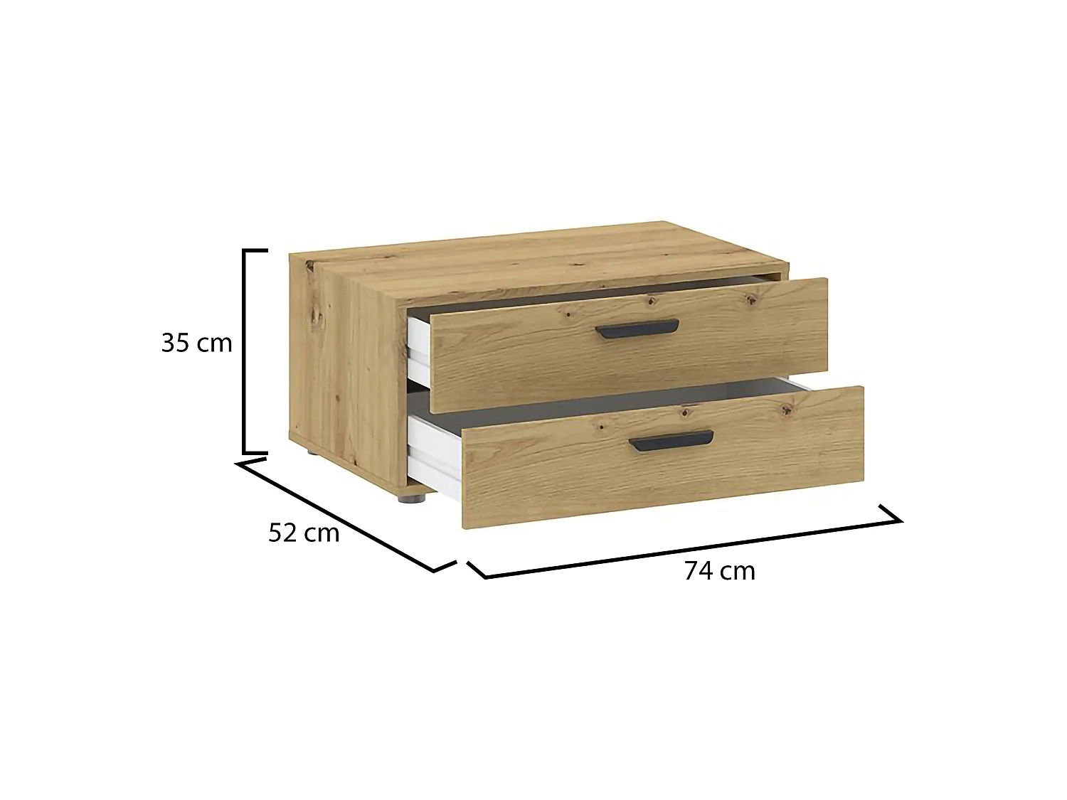 Cassettiera Piatto, 2 Cassetti, 74x52x35h cm Marrone Rovere Nodi, Apertura Scorrevole, Chiusura Scorrevole