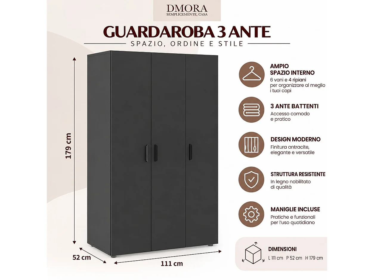 Garde-robe 3 Portes Pettineo, Portemanteau, 111x52 cm Noir Anthracite, Armoire Chambre, 4 Étagères, 3 Portes