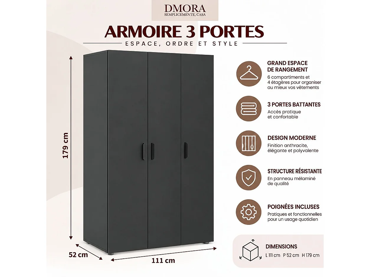 Garde-robe 3 Portes Pettineo, Portemanteau, 111x52 cm Noir Anthracite, Armoire Chambre, 4 Étagères, 3 Portes