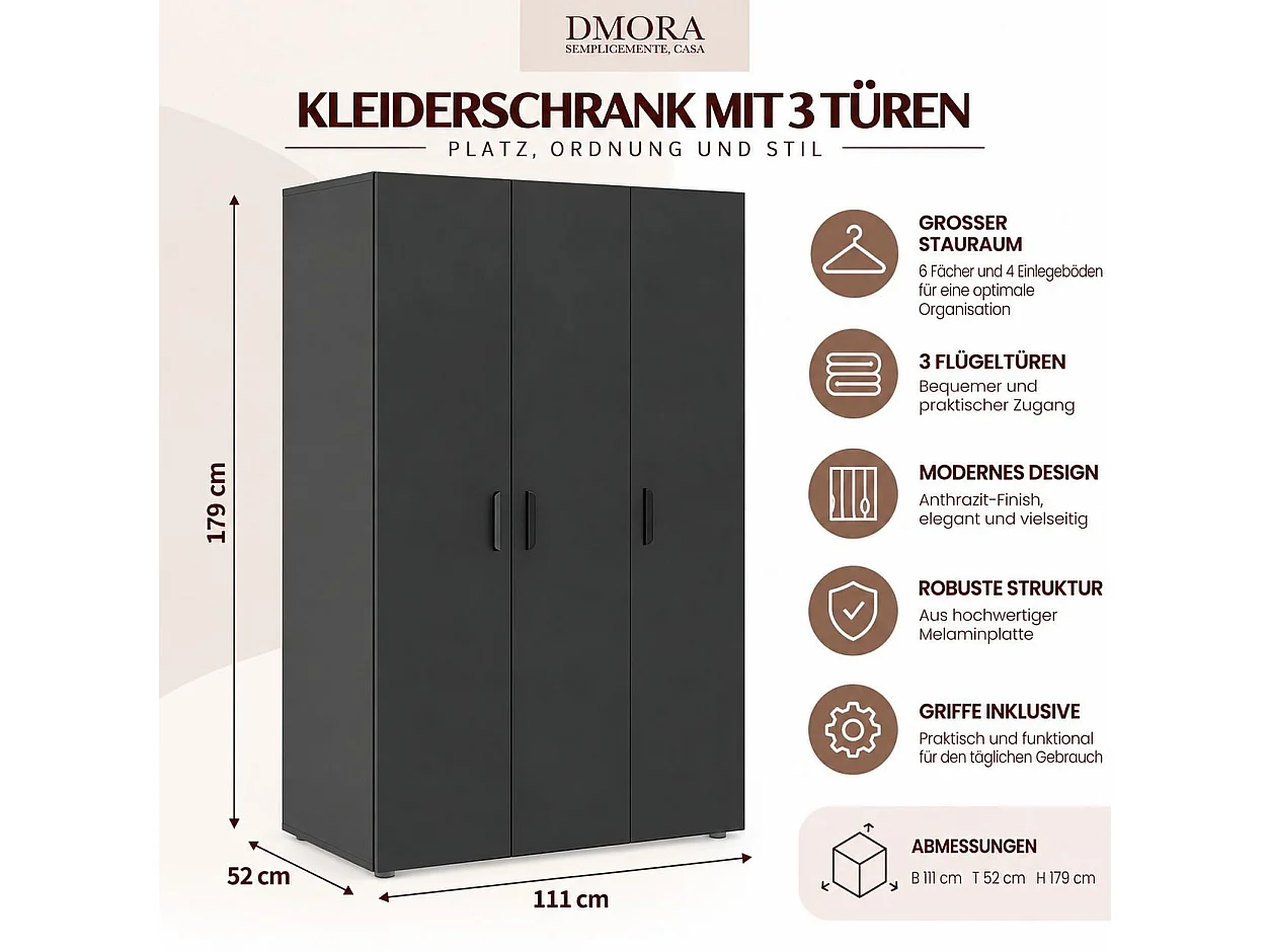 Garde-robe 3 Portes Pettineo, Portemanteau, 111x52 cm Noir Anthracite, Armoire Chambre, 4 Étagères, 3 Portes