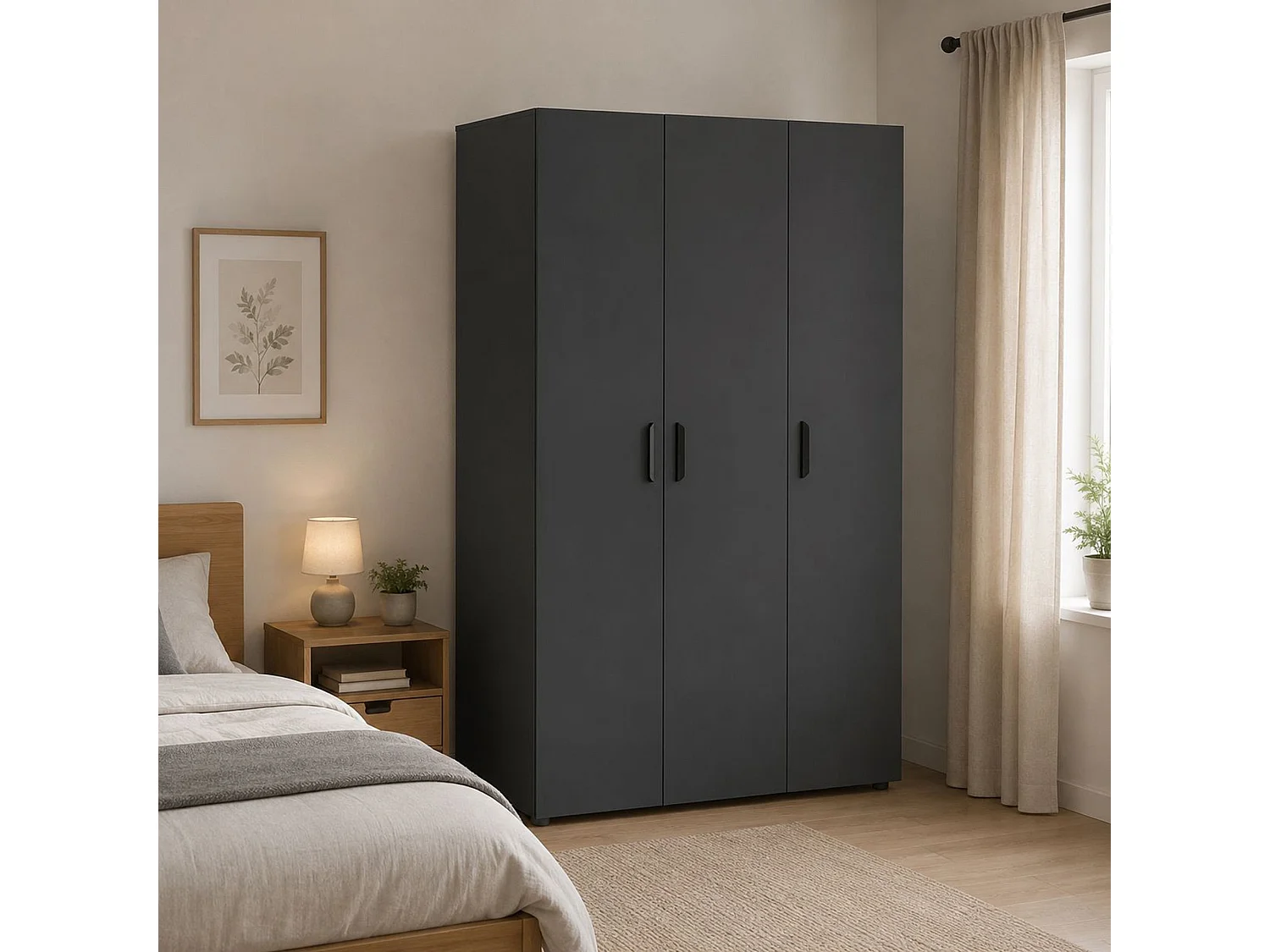 Guardaroba 3 Ante Pettineo, Appendiabiti, 111x52 cm Nero Antracite, Armadio Camera da Letto, 4 Ripiani, 3 Ante