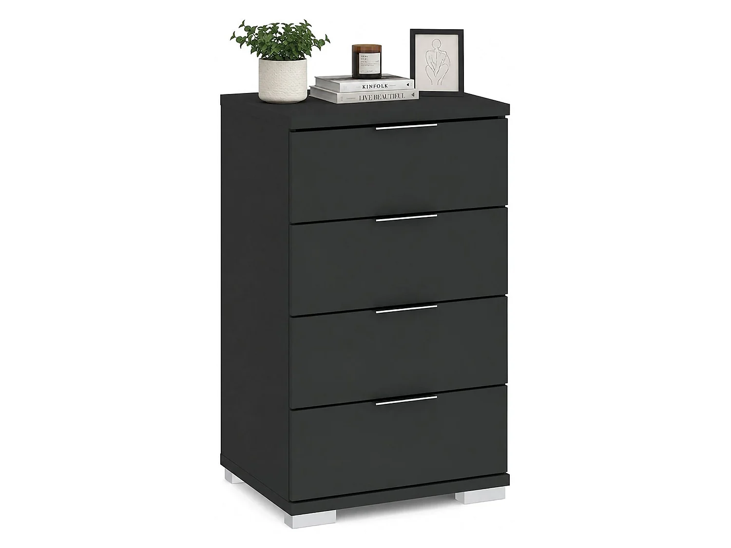 Cassettiera Laka, 4 Cassetti, 46x42x79h cm Nero Antracite, Apertura Scorrevole, Chiusura Scorrevole