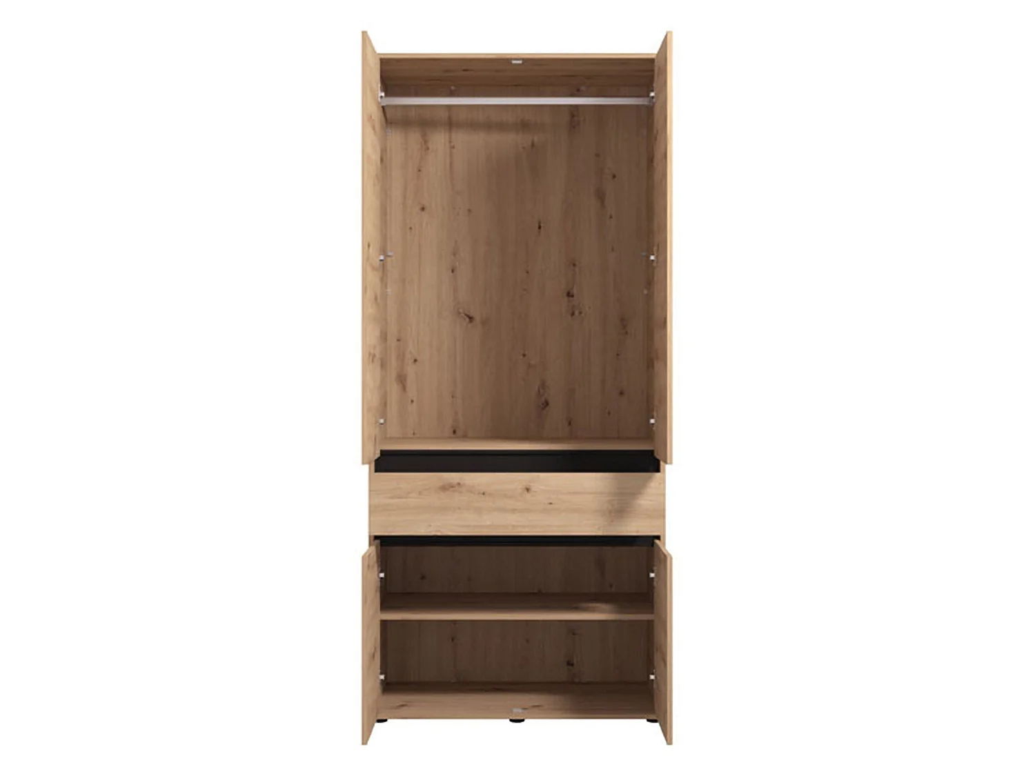 Großer Kleiderschrank Vimercati, 3 Einlegeböden, 93x211h cm in Eichenbraun, Schlafzimmer-Schrank, Kleiderstange, Flügeltüren