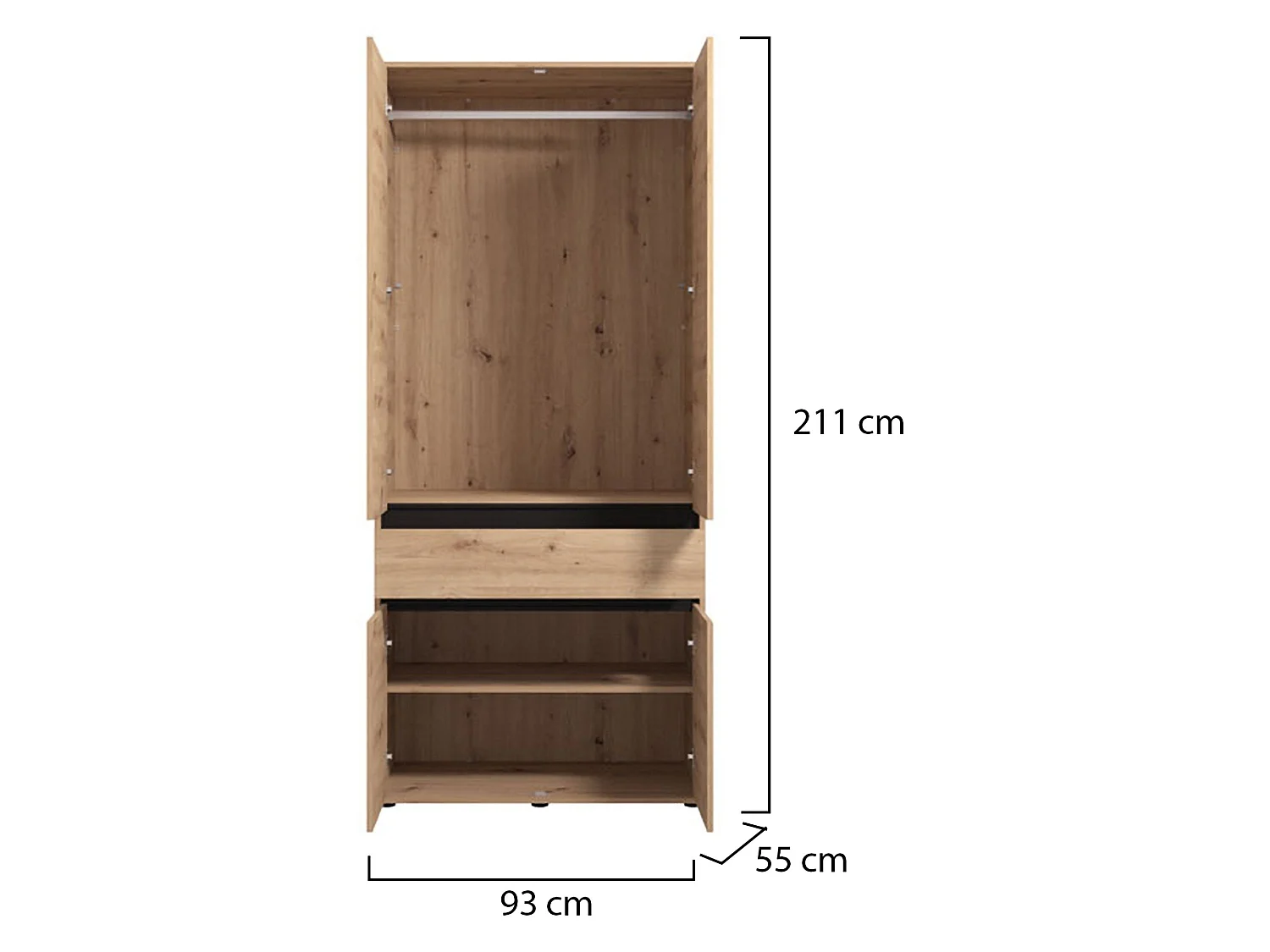 Großer Kleiderschrank Vimercati, 3 Einlegeböden, 93x211h cm in Eichenbraun, Schlafzimmer-Schrank, Kleiderstange, Flügeltüren