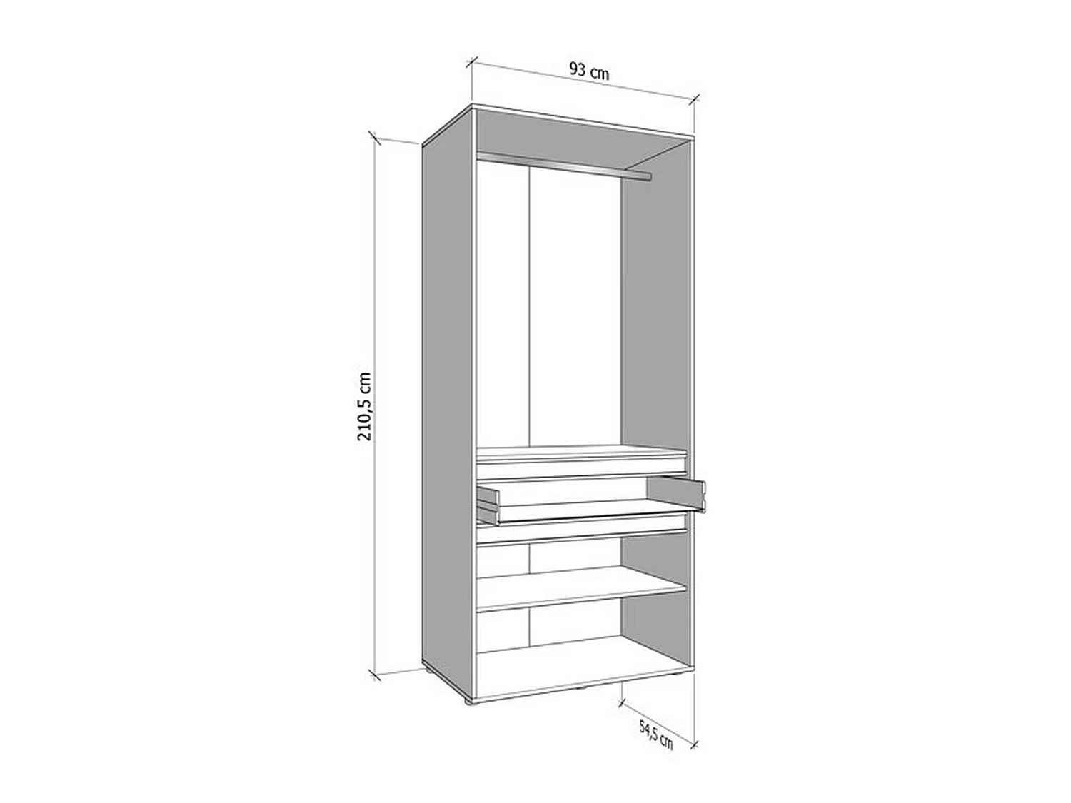 Großer Kleiderschrank Vimercati, 3 Einlegeböden, 93x211h cm in Eichenbraun, Schlafzimmer-Schrank, Kleiderstange, Flügeltüren