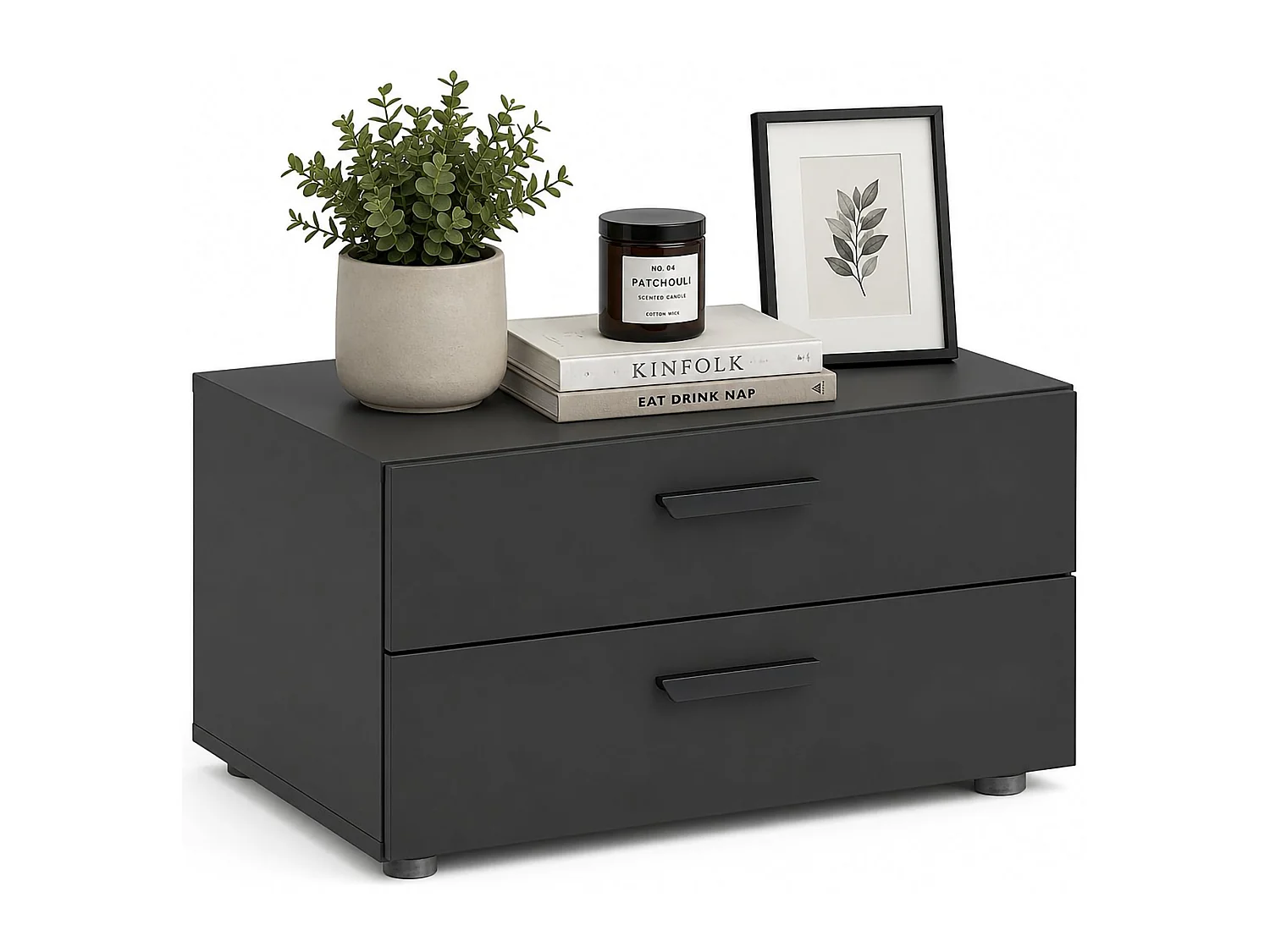 Cassettiera Piatto, 2 Cassetti, 74x52x35h cm Nero Antracite, Apertura Scorrevole, Chiusura Scorrevole