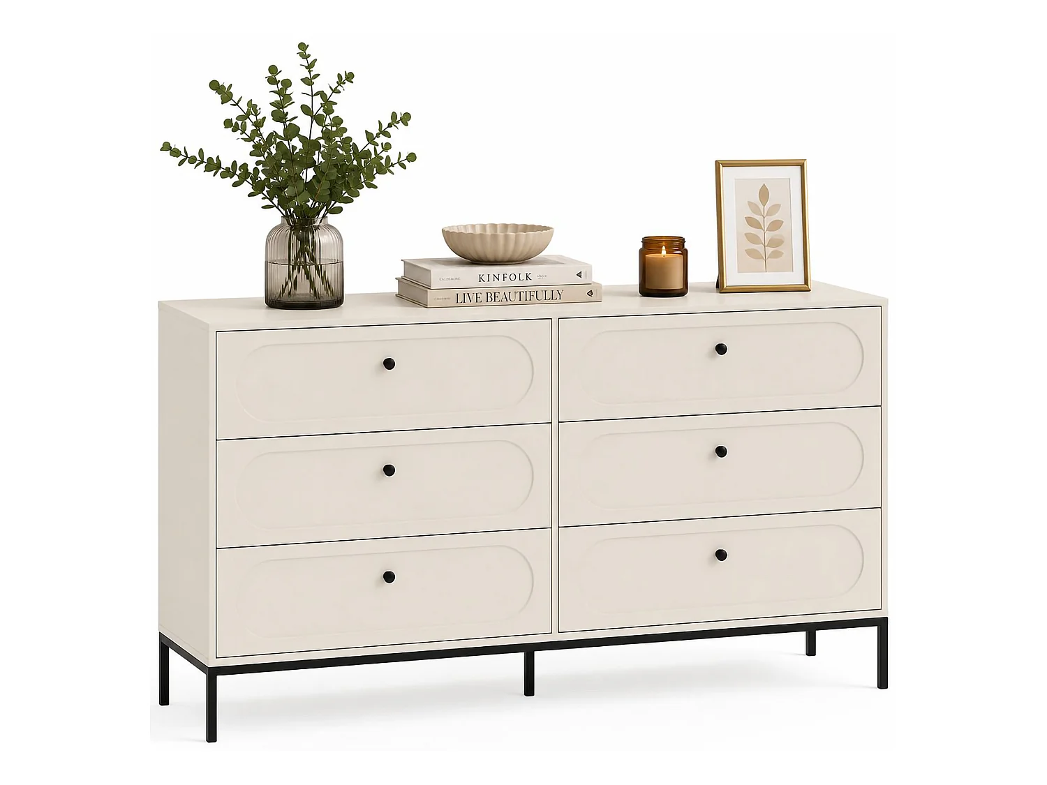 Commode Laniti, 4 Tiroirs, 150x40x92h cm Beige Cachemire, Ouverture Coulissante, Fermeture Soft Close
