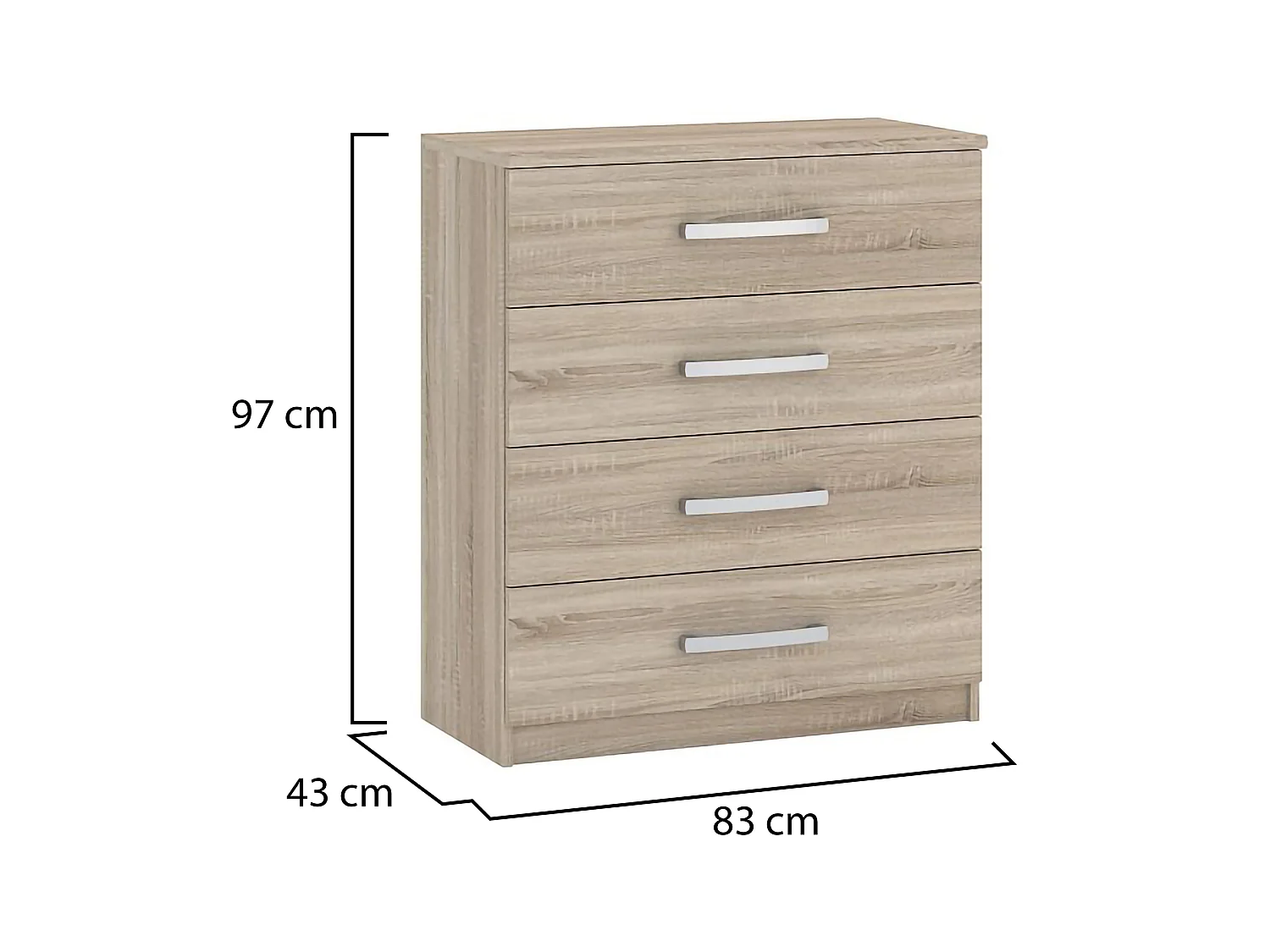 Cassettiera Laga, 4 Cassetti, 83x43x97h cm Marrone Rovere, Apertura Scorrevole, Chiusura Scorrevole