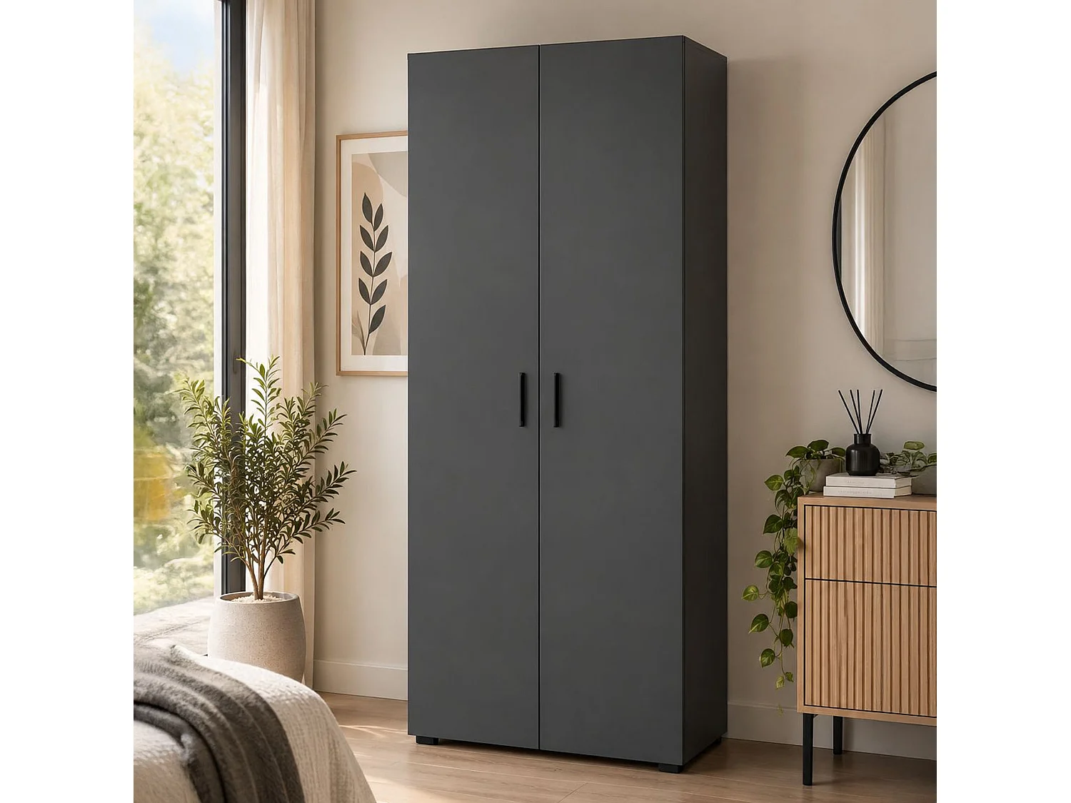 Guardaroba 2 Ante Malvito, un Ripiano, 74x179h cm Nero Antracite, Armadio Camera da Letto, Appendiabiti, 2 Ante