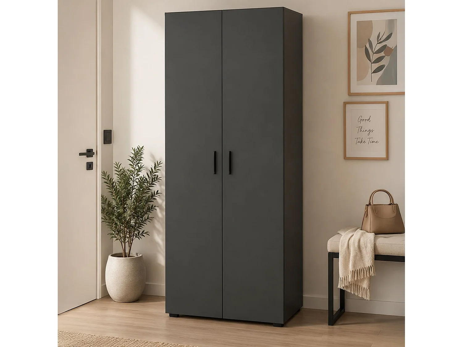 Guardaroba 2 Ante Malvito, un Ripiano, 74x179h cm Nero Antracite, Armadio Camera da Letto, Appendiabiti, 2 Ante