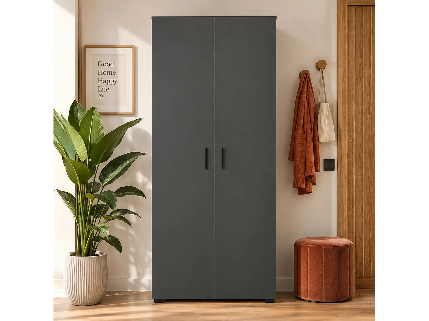 Guardaroba 2 Ante Malvito, un Ripiano, 74x179h cm Nero Antracite, Armadio Camera da Letto, Appendiabiti, 2 Ante