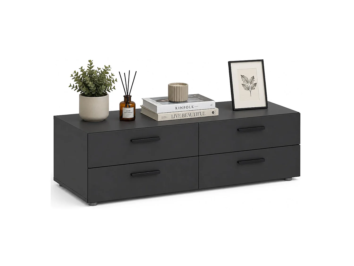 Kommode Gignod, 4 Schubladen, 111x52x35h cm Schwarz Anthrazit, Schiebefachöffnung, Schiebefachschluss