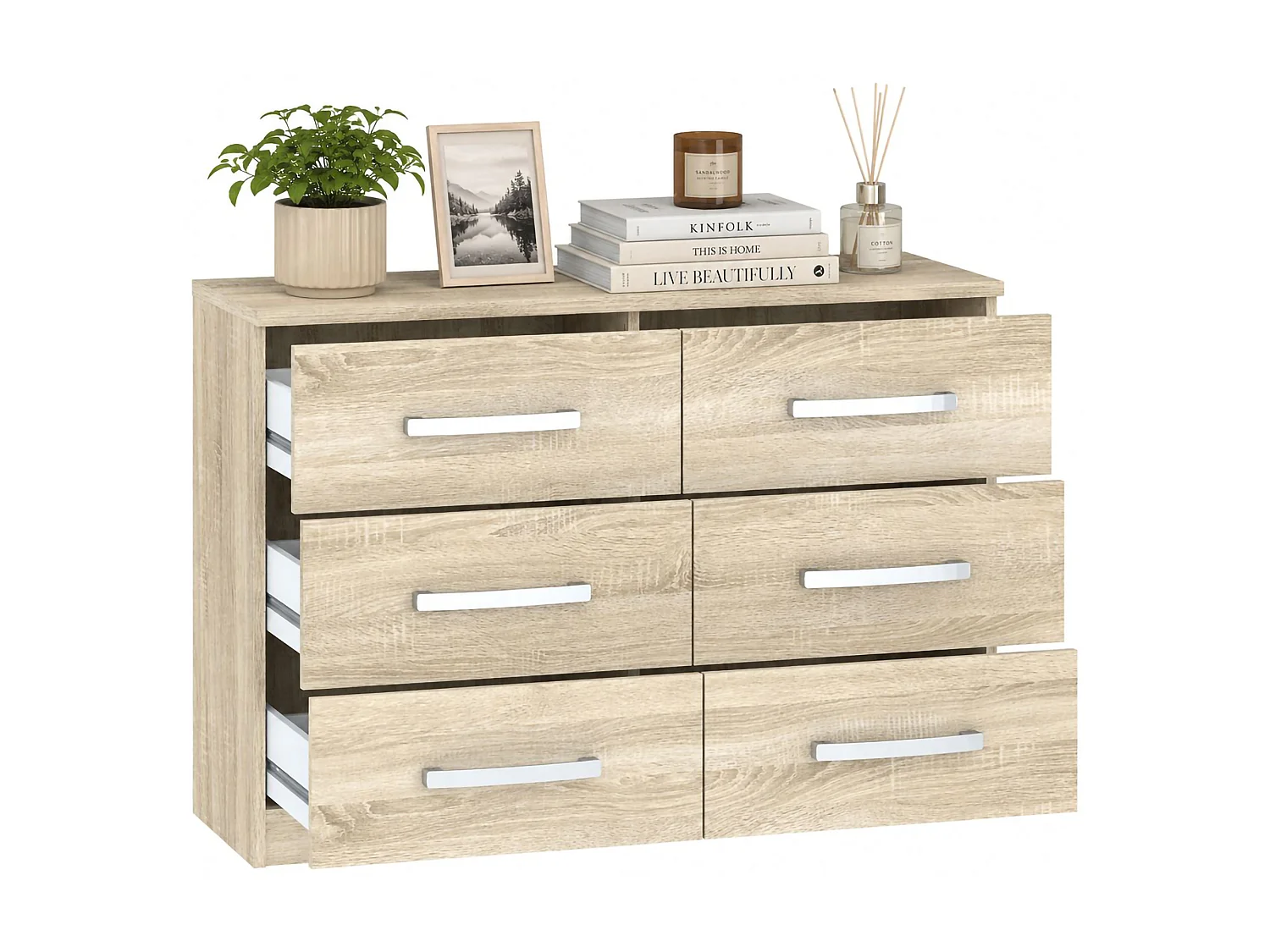 Commode Laganaro, 6 tiroirs, 112x43x79h cm Chêne Marron, Ouverture Coulissante, Fermeture Coulissante