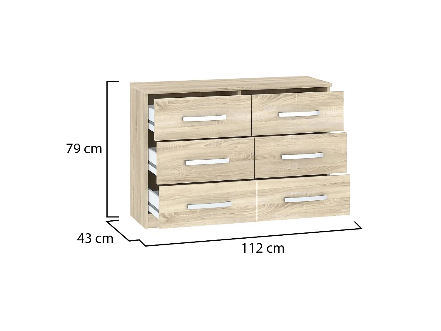 Commode Laganaro, 6 tiroirs, 112x43x79h cm Chêne Marron, Ouverture Coulissante, Fermeture Coulissante