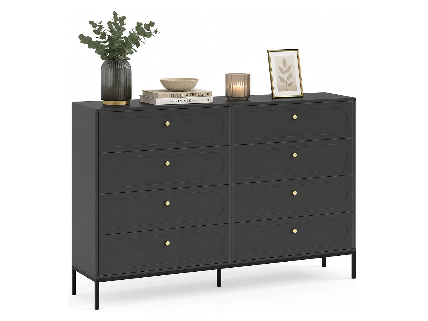 Cassettiera Laniva, 8 Cassetti, 150x40x116h cm Nero Antracite, Apertura Scorrevole, Chiusura Soft Close