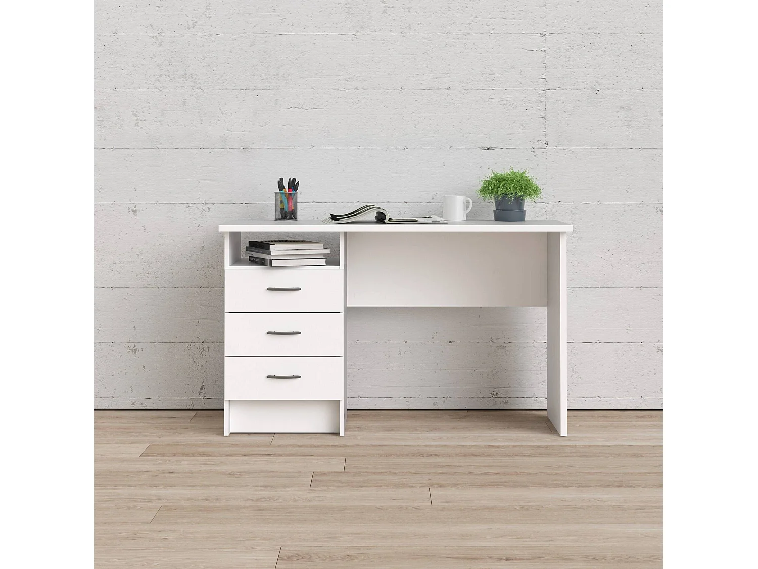 Bureau Andre, 3 lades, 120x48x73h cm wit, blad van gemelamineerd hout, kleur blad wit