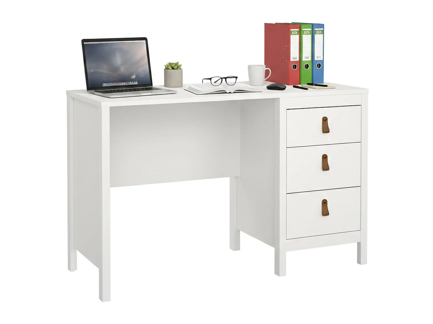 Escritorio Murjan, 3 cajones, 120x48x77h cm blanco, tablero en madera melaminada, color del estante blanco