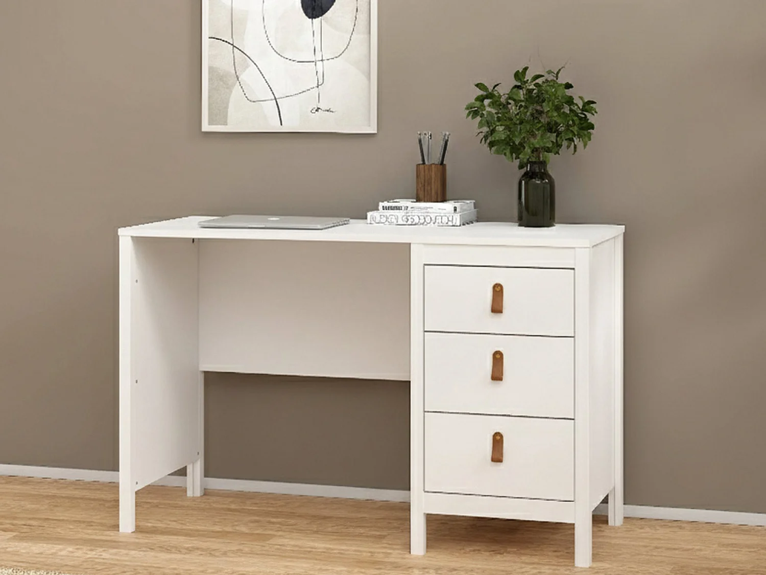 Escritorio Murjan, 3 cajones, 120x48x77h cm blanco, tablero en madera melaminada, color del estante blanco