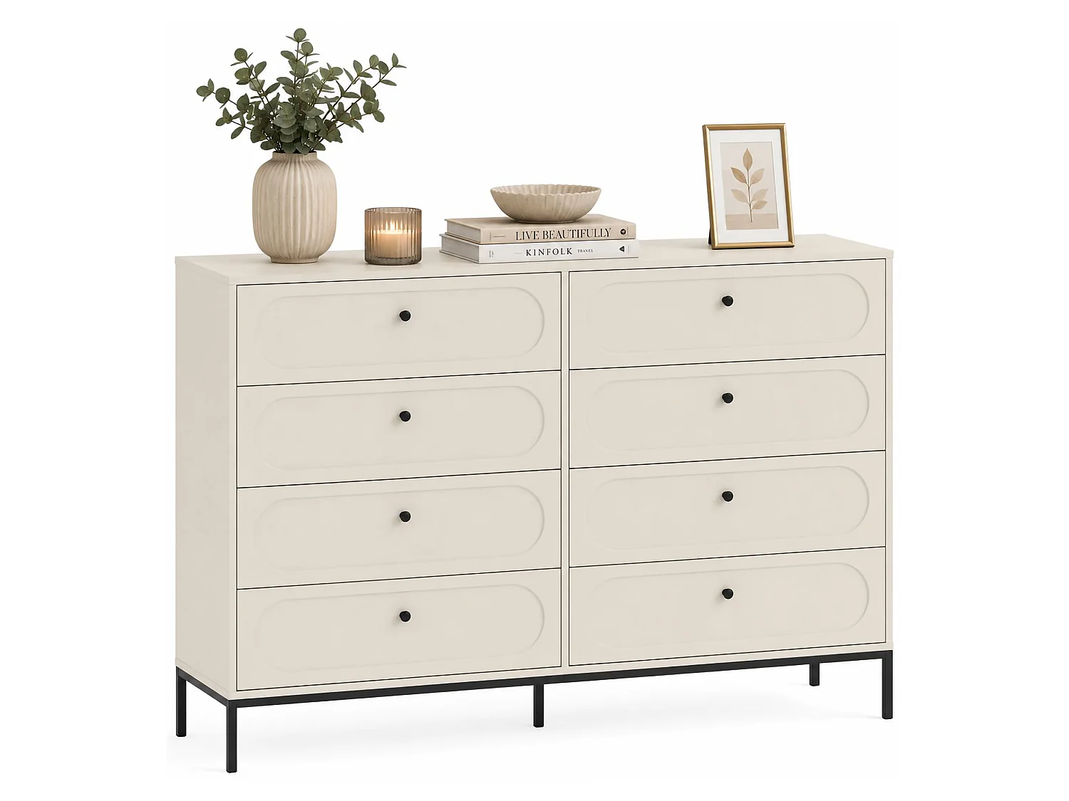 Commode Laniva, 4 tiroirs, 150x40x116h cm Beige Cachemire, ouverture coulissante, fermeture Soft Close