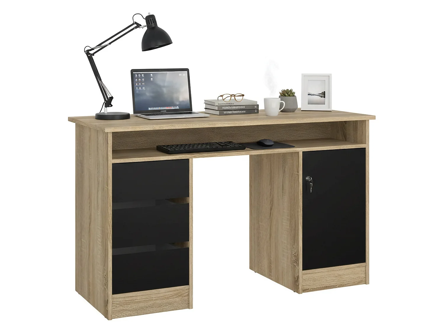 Bureau Shanshan, 3 laden, 126x55x76h cm eikenbruin, 1 deur, kleur blad bruin
