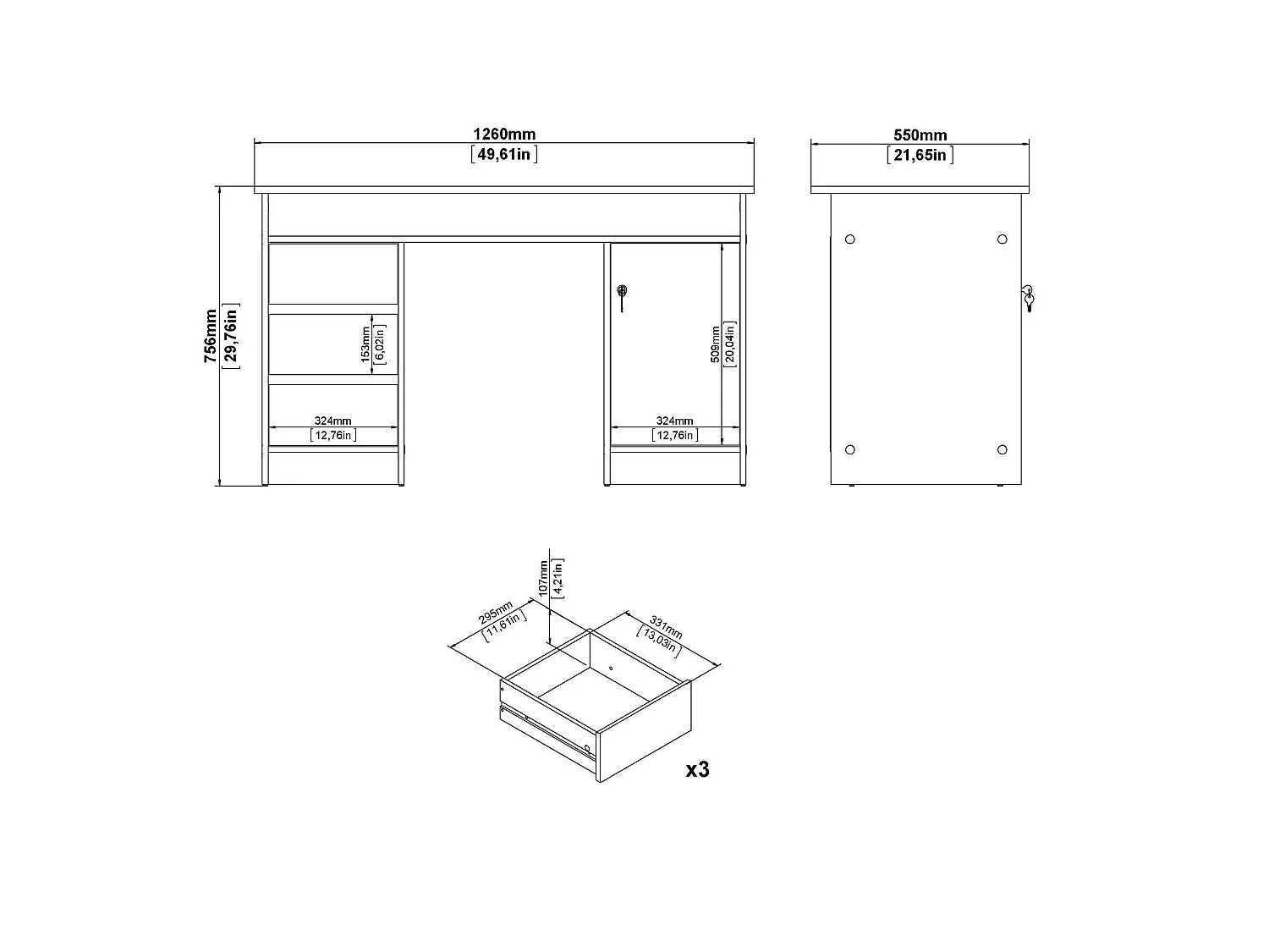 Bureau Shanshan, 3 laden, 126x55x76h cm eikenbruin, 1 deur, kleur blad bruin