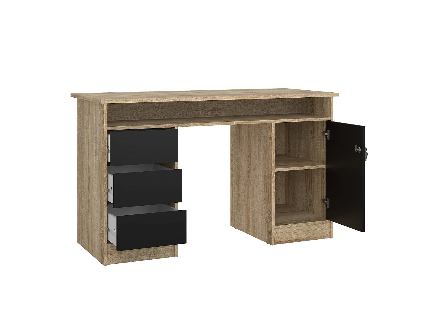 Bureau Shanshan, 3 laden, 126x55x76h cm eikenbruin, 1 deur, kleur blad bruin
