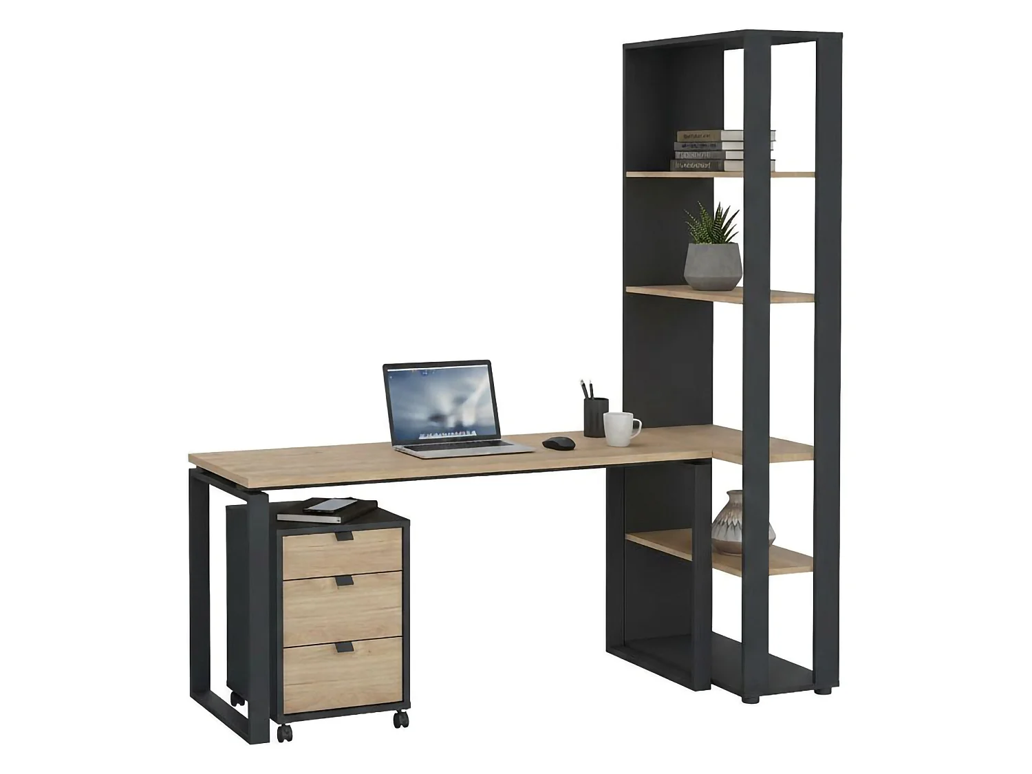 Bureau Etienne, 3 planken, 184x80x205h cm eikenbruin, 1 lade, 4 vakken