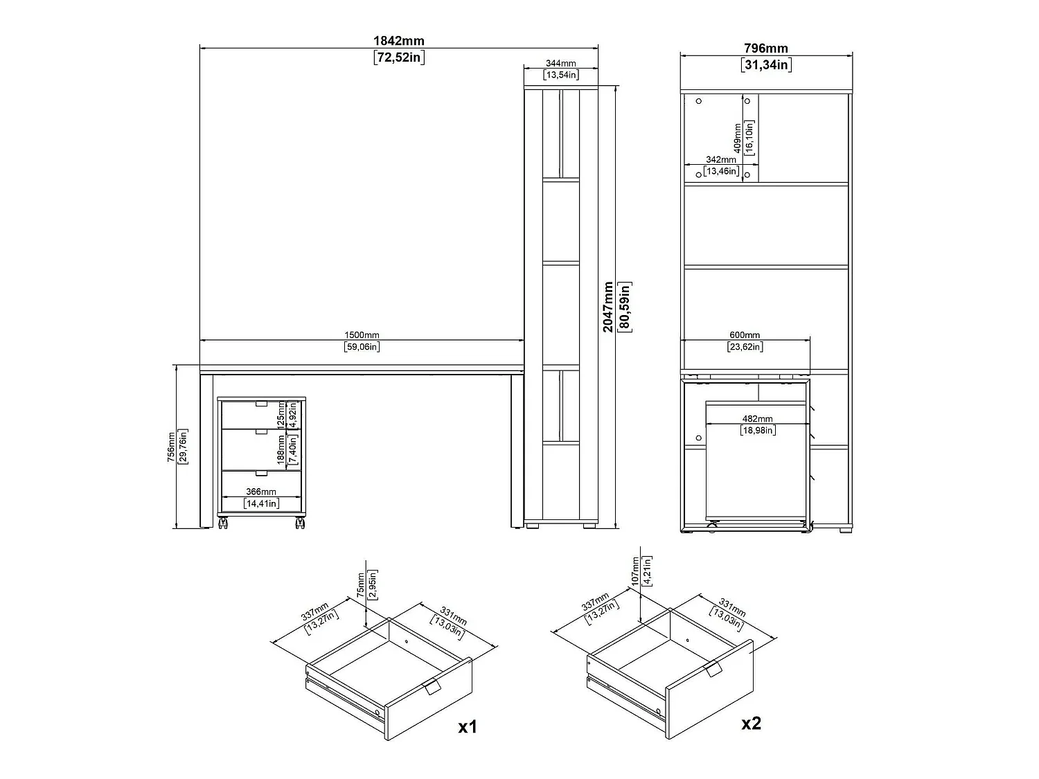 Bureau Etienne, 3 planken, 184x80x205h cm eikenbruin, 1 lade, 4 vakken