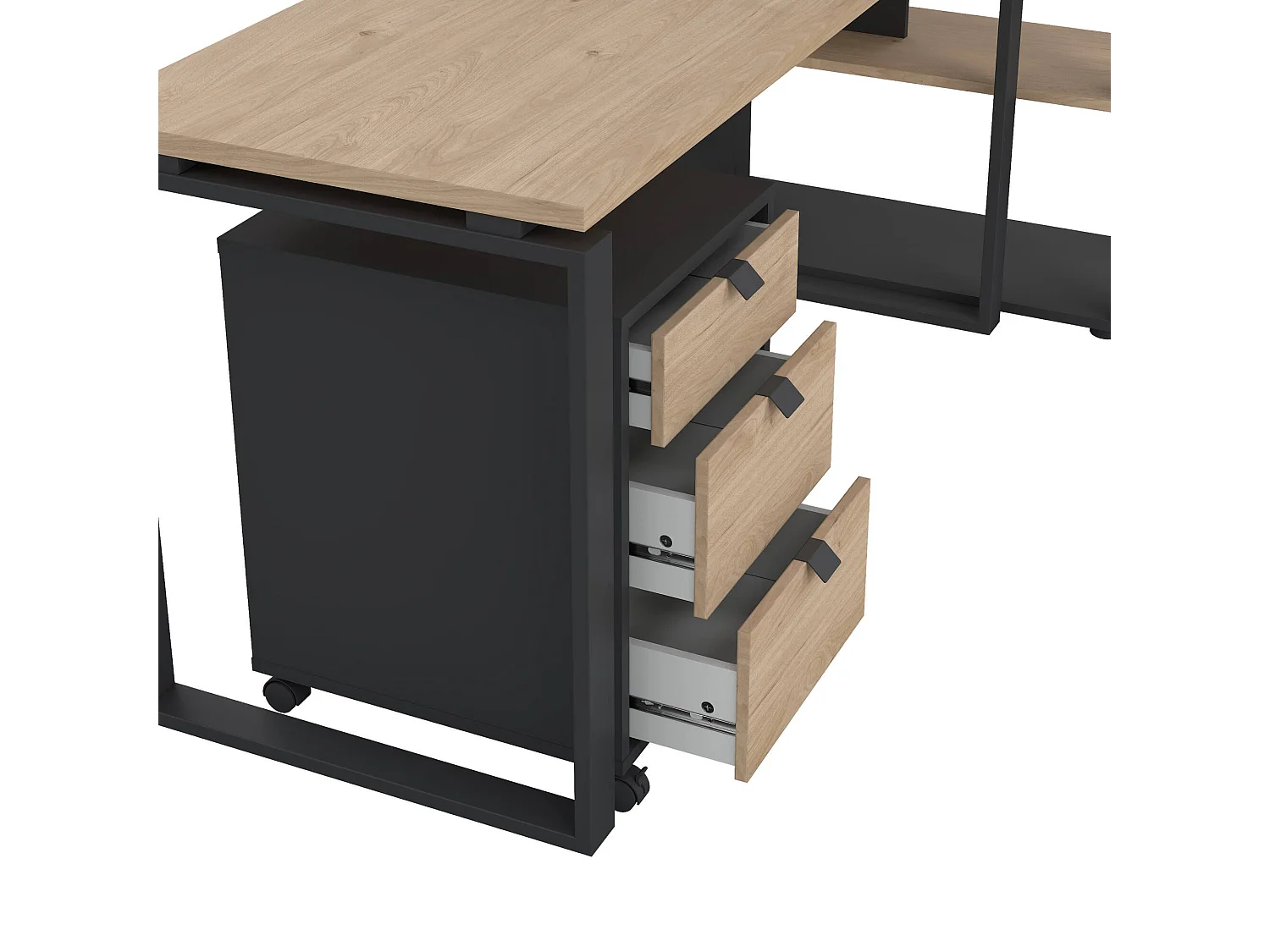 Bureau Etienne, 3 planken, 184x80x205h cm eikenbruin, 1 lade, 4 vakken