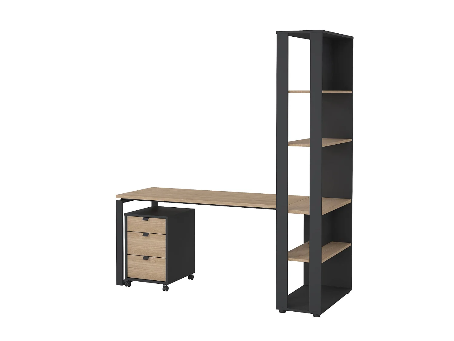 Bureau Etienne, 3 planken, 184x80x205h cm eikenbruin, 1 lade, 4 vakken