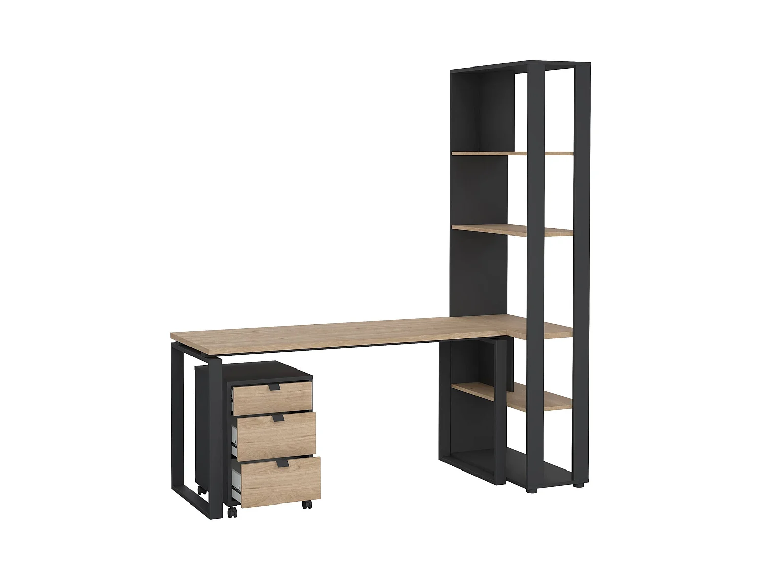 Bureau Etienne, 3 planken, 184x80x205h cm eikenbruin, 1 lade, 4 vakken