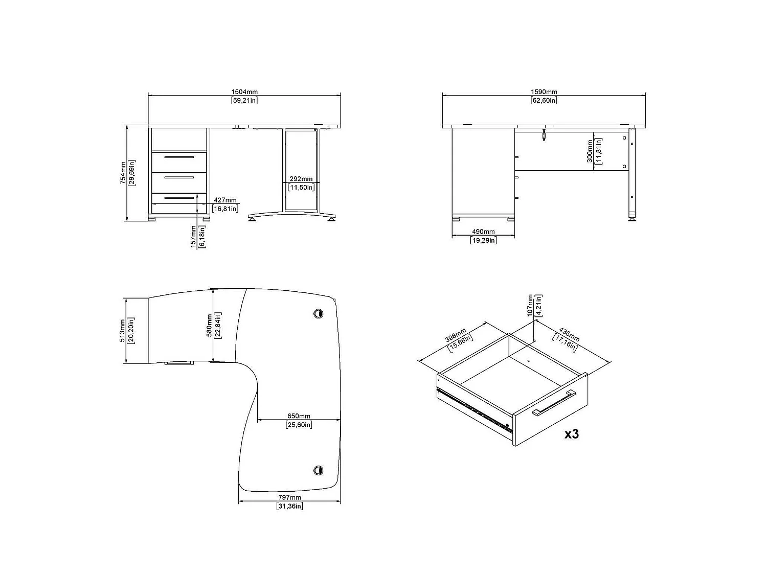 Escritorio Estong, esquinero, 159x150x75h cm gris, 3 cajones, tablero en madera melaminada
