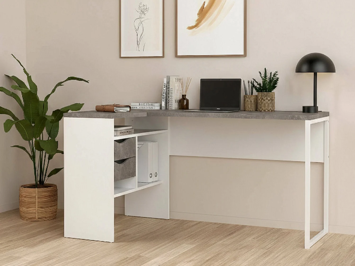 Escritorio Moire, un estante, 145x81x77h cm blanco, 2 cajones, un compartimento