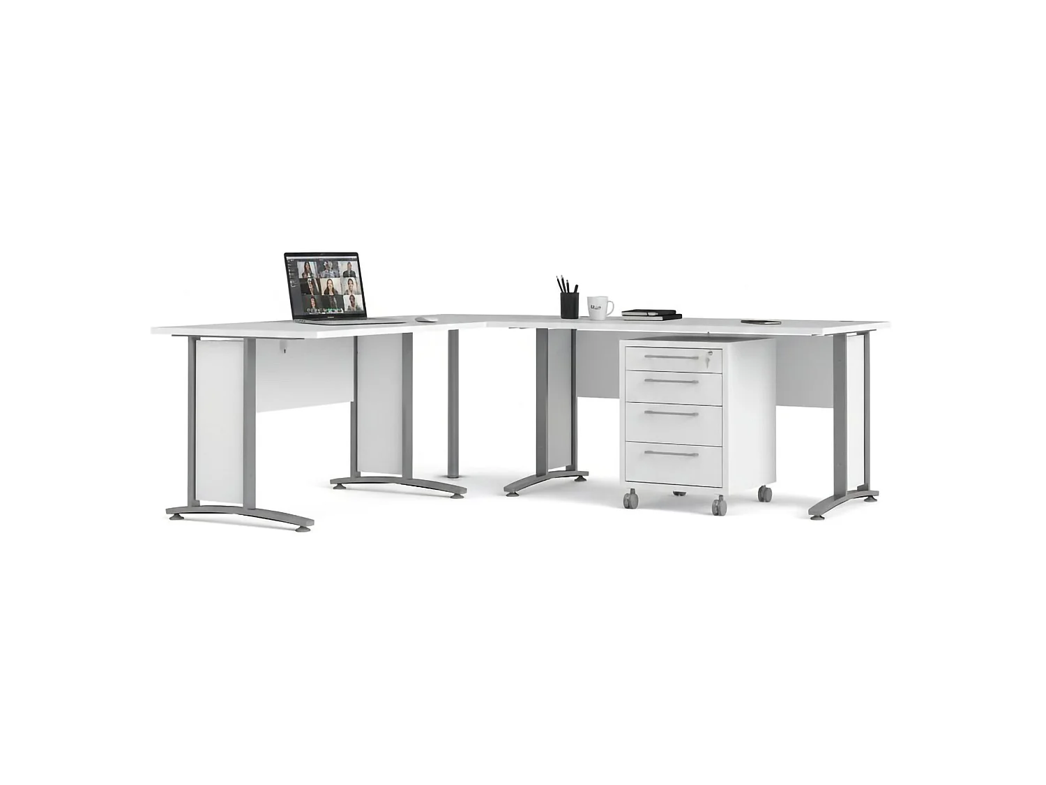 Escritorio Agerato, Esquinero, 230x200x75h cm Blanco, 4 Cajones, Color de la Estructura Gris